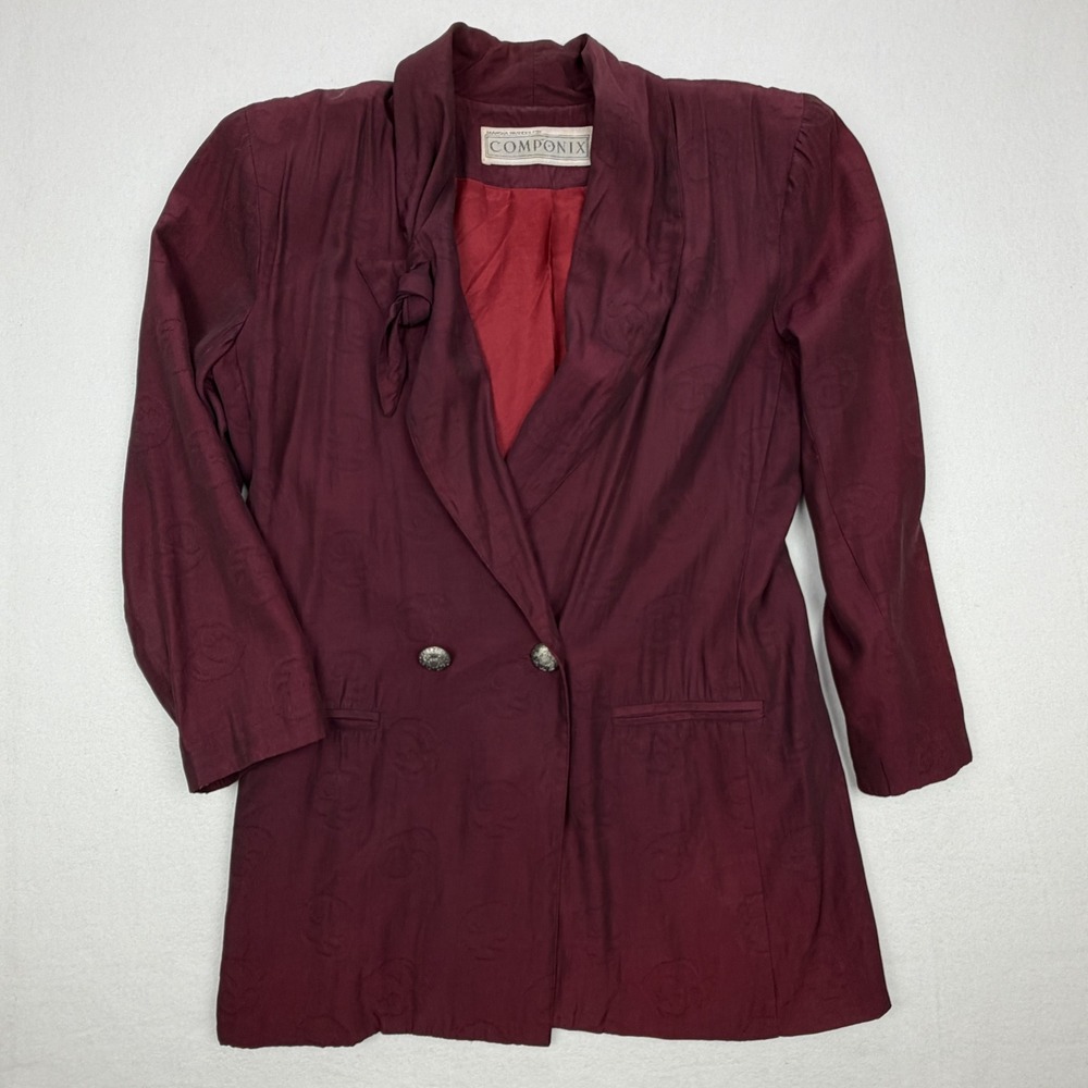 Vintage Componix Marsha Brander Burgundy Jacquard Shawl Collar Blazer Size 10